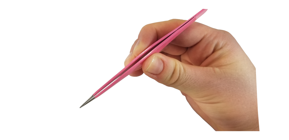 hand pinching tweezers together, shows pointed tips