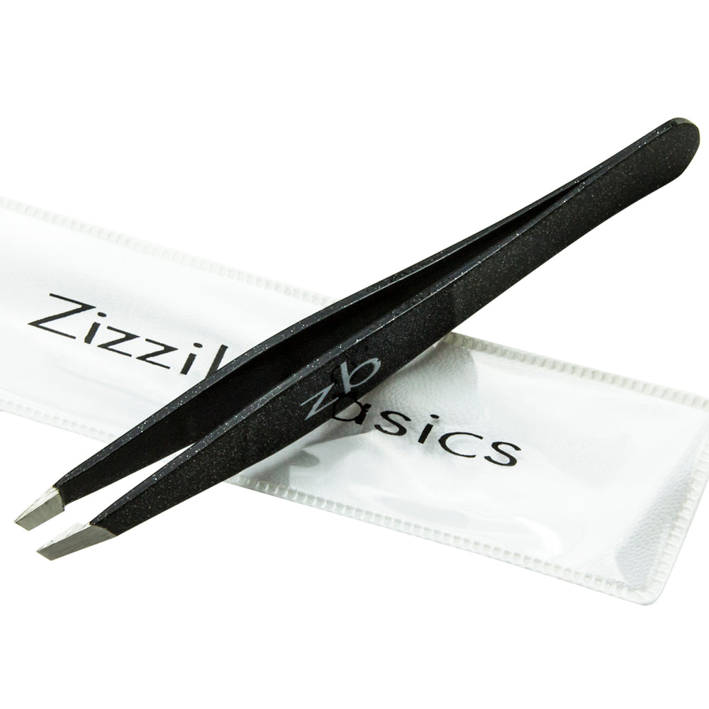 black slanted tweezer on top of carry pouch