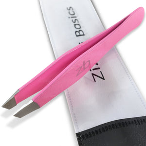 pink slanted tweezer on top of carry pouch