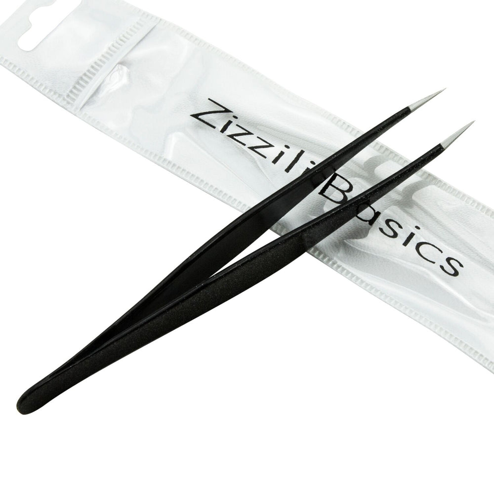opened pointed tweezer on top of carry pouch