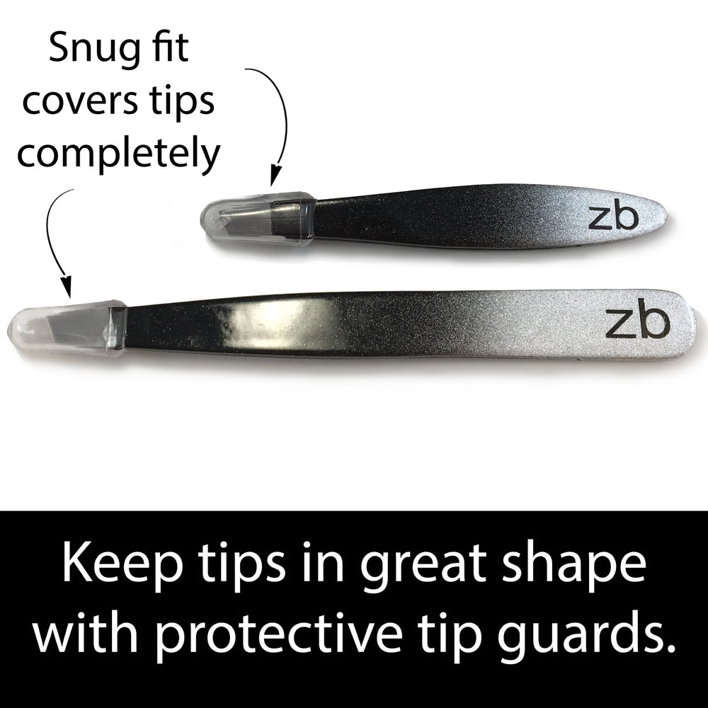 small and regular tweezers with the tip guards, "keep tips in great shape with protective tip guards"