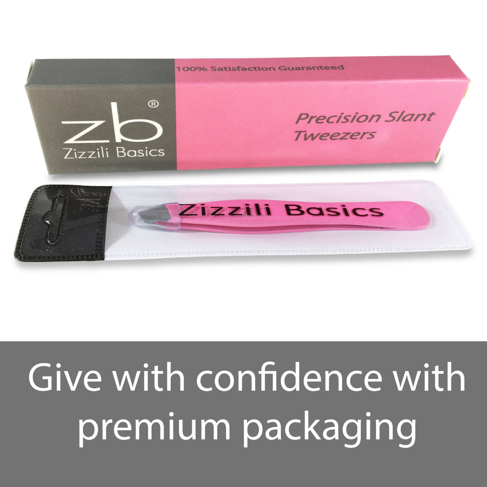 pink tweezer with tip guard inside carry pouch with box