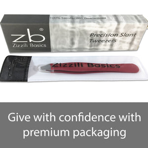 red tweezer with protective tip guard inside carry pouch with box