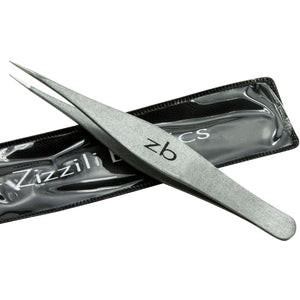 silver pointed tweezer on top of carry pouch