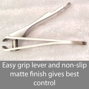 opened fingernail clipper, "easy grip lever and non-slip matte finish gives best control"